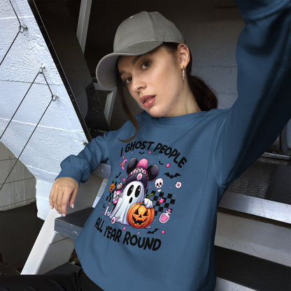 Ghost people all year long crew neck sweatshirt with Halloween theme