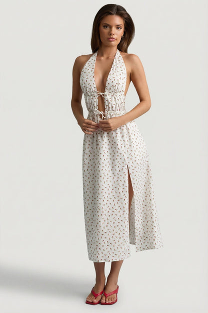 Backless Cotton-Poplin Midaxi Dress in Rose Print