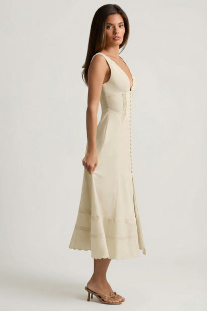 Cotton-Poplin A-Line Midaxi Dress in Ivory