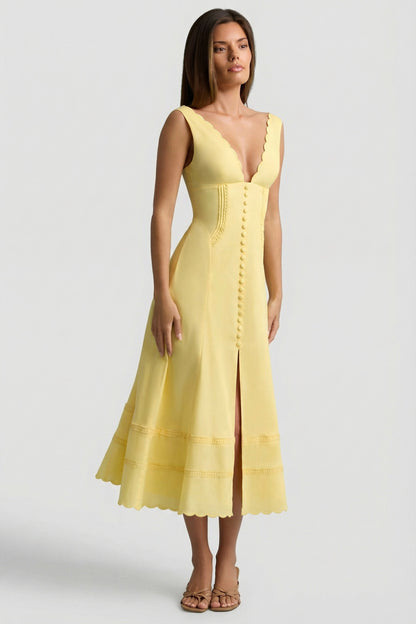 Cotton-Poplin A-Line Midaxi Dress in Pastel Yellow