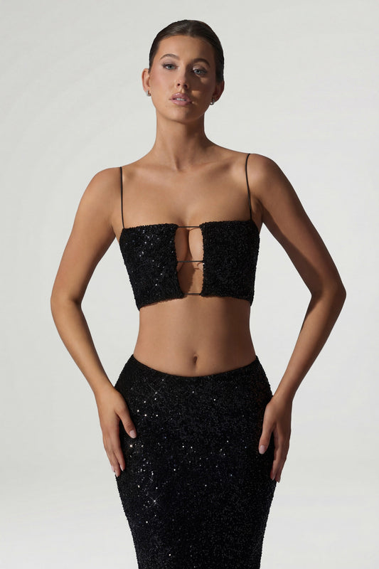Embellished Cut-Out Crop Top in Black