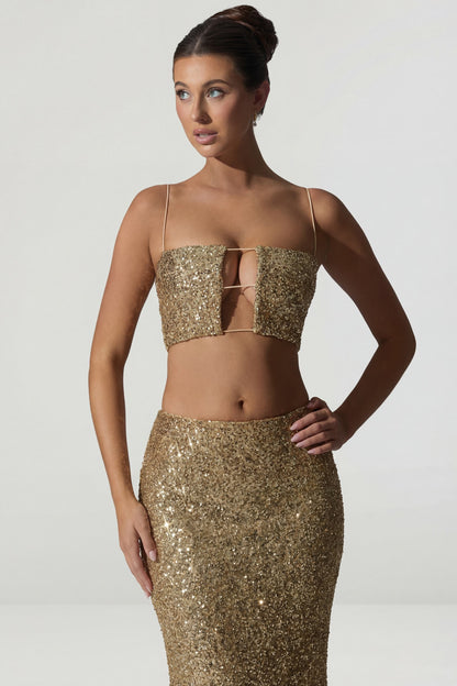 Embellished Cut-Out Crop Top in Gold