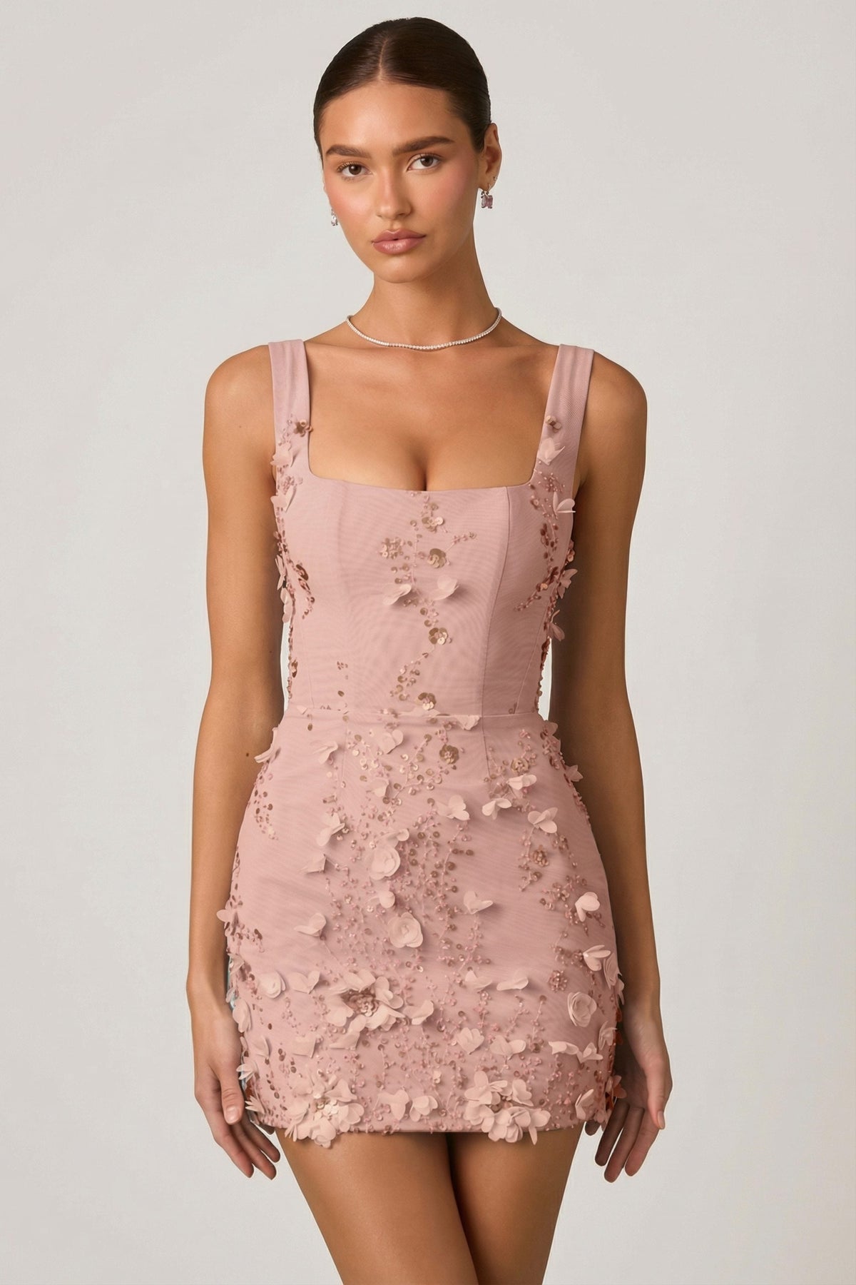 Embellished Appliqué Corset Mini Dress in Dusty Rose