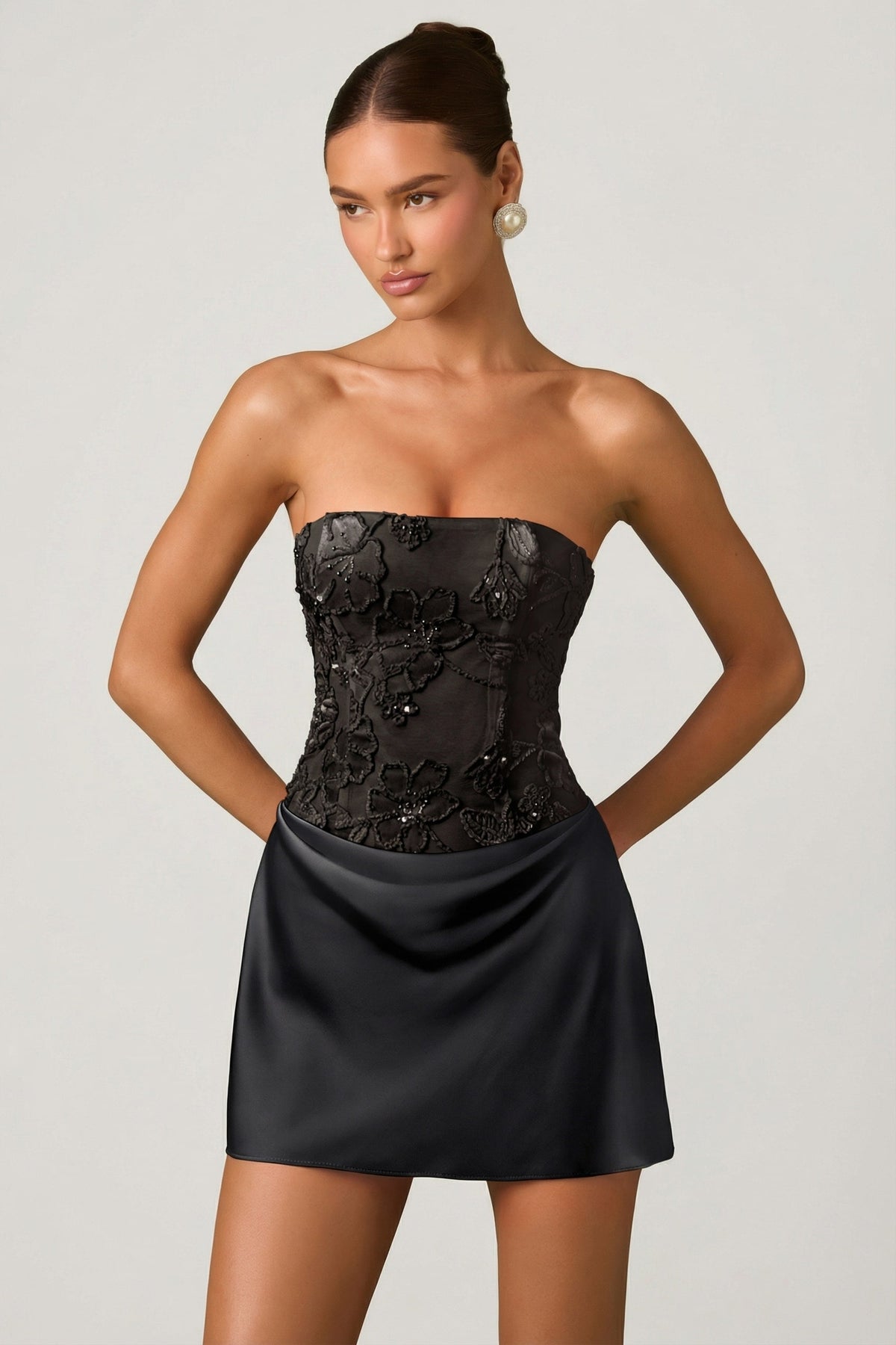 Embellished Draped Strapless A-Line Mini Dress in Black