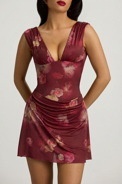 Draped Open-Back A-Line Mini Dress in Maroon Floral Print