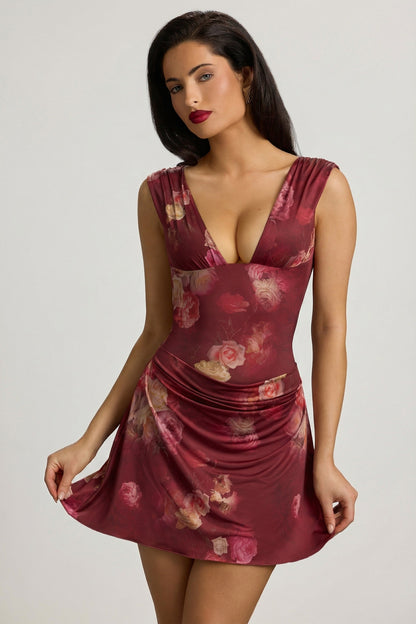 Draped Open-Back A-Line Mini Dress in Maroon Floral Print