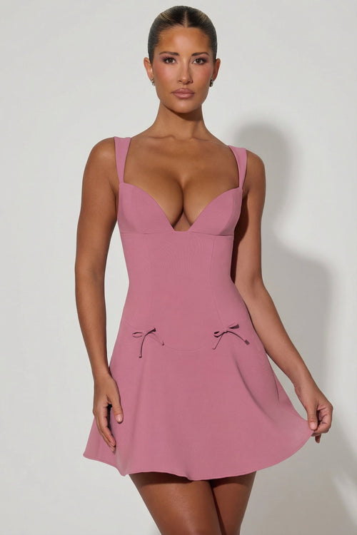 Bow-Detail A-Line Mini Dress in Dusty Pink