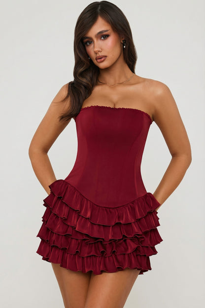 Bandeau Ruffled Tiered Corset Mini Dress in Berry Red