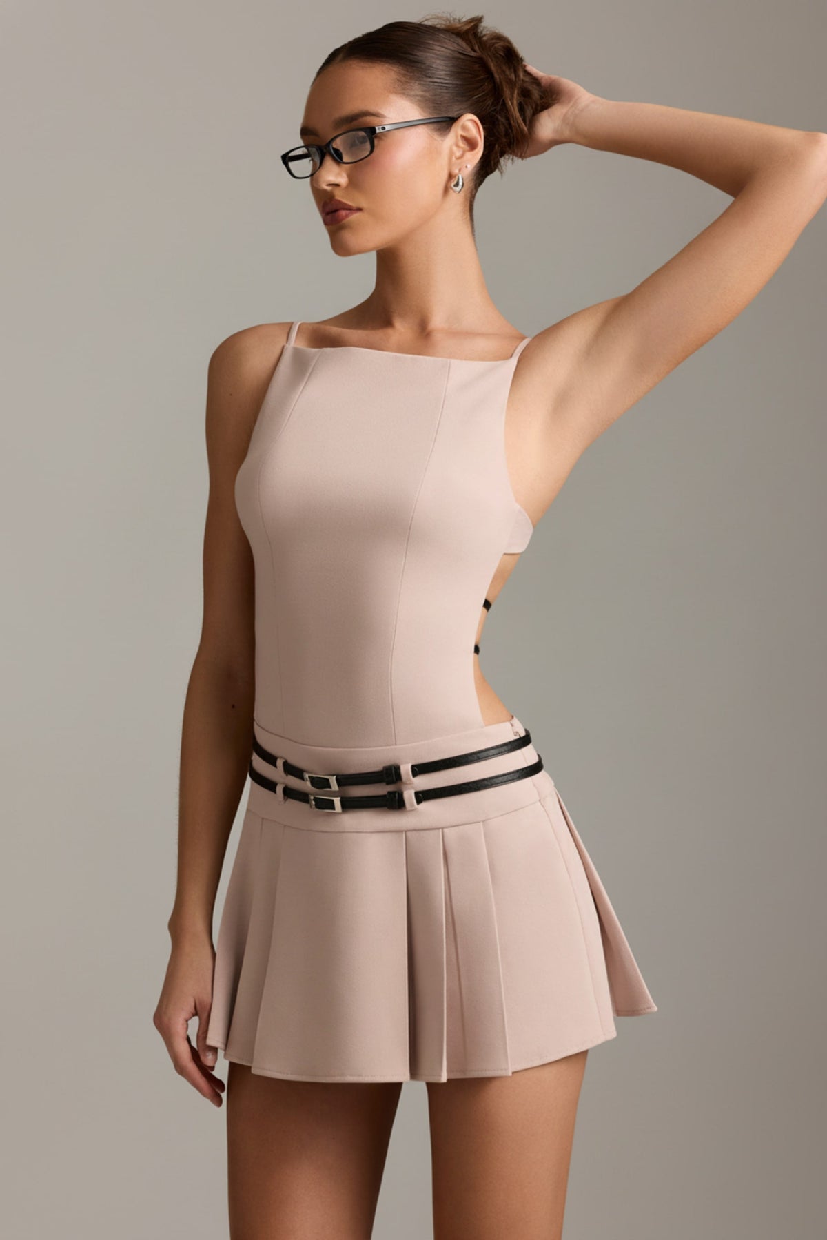 Belted Backless Pleated Mini Dress in Mushroom