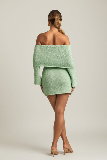 Bouclé Off-Shoulder Mini Dress in Mint