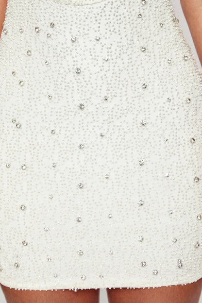 Deep Plunge Embellished Mini Dress in White
