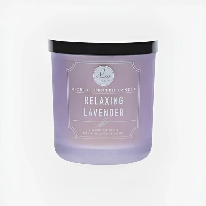 Lavender-scented candle in purple glass jar, perfect for a relaxing lavender atmosphere