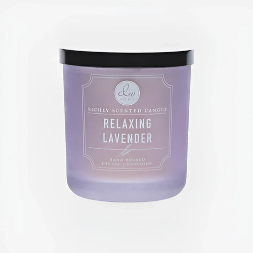 Lavender-scented candle in purple glass jar, perfect for a relaxing lavender atmosphere