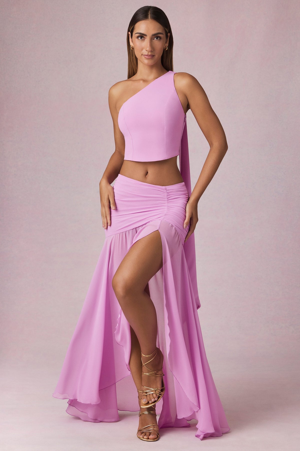Asymmetric Ruched Maxi Skirt in Pink Orchid