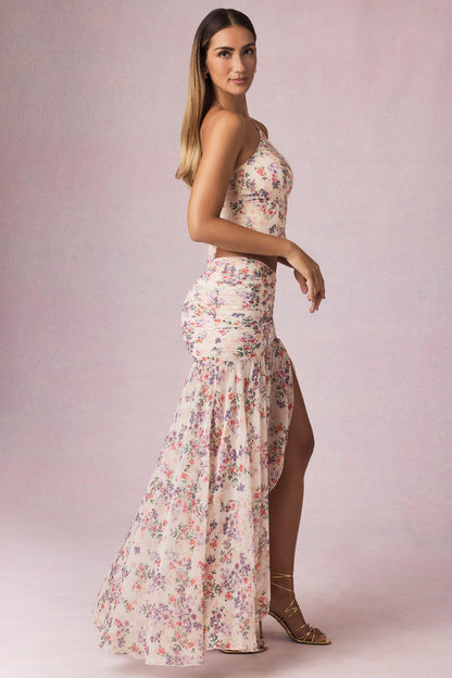 Asymmetric Ruched Maxi Skirt in Primrose Floral Print