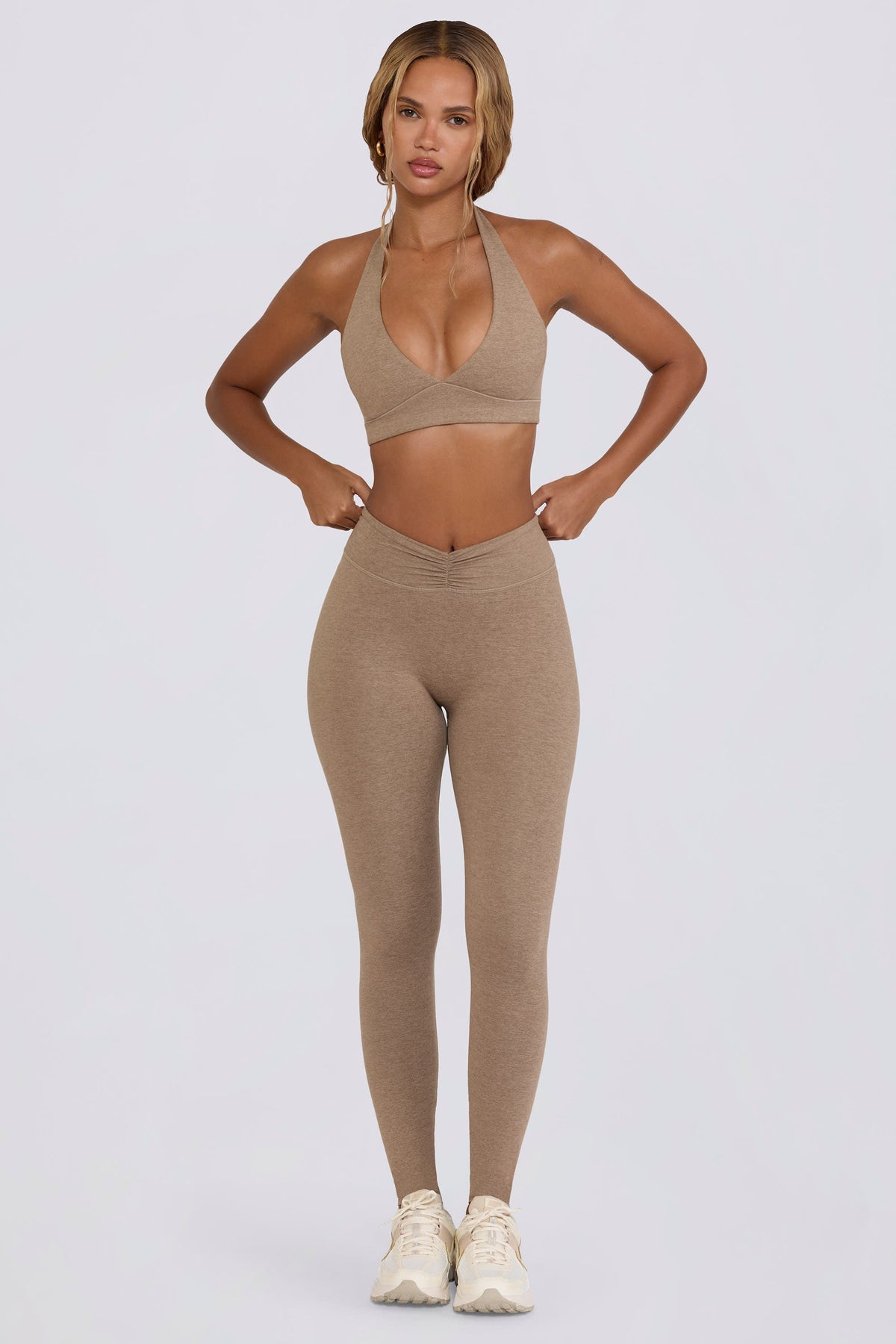 Brushed Jersey Ruched Mid-Rise Leggings in Mocha Marl