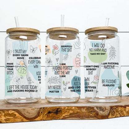 Humorous glass tumbler featuring sarcastic motivational quotes, perfect for friends or coworkers