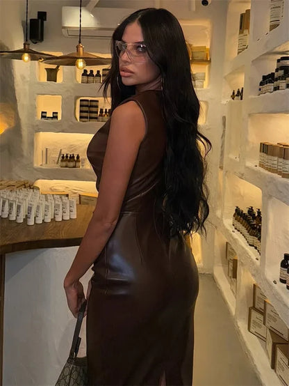 Sexy PU Maxi Dress – High Waist Bodycon Streetwear
