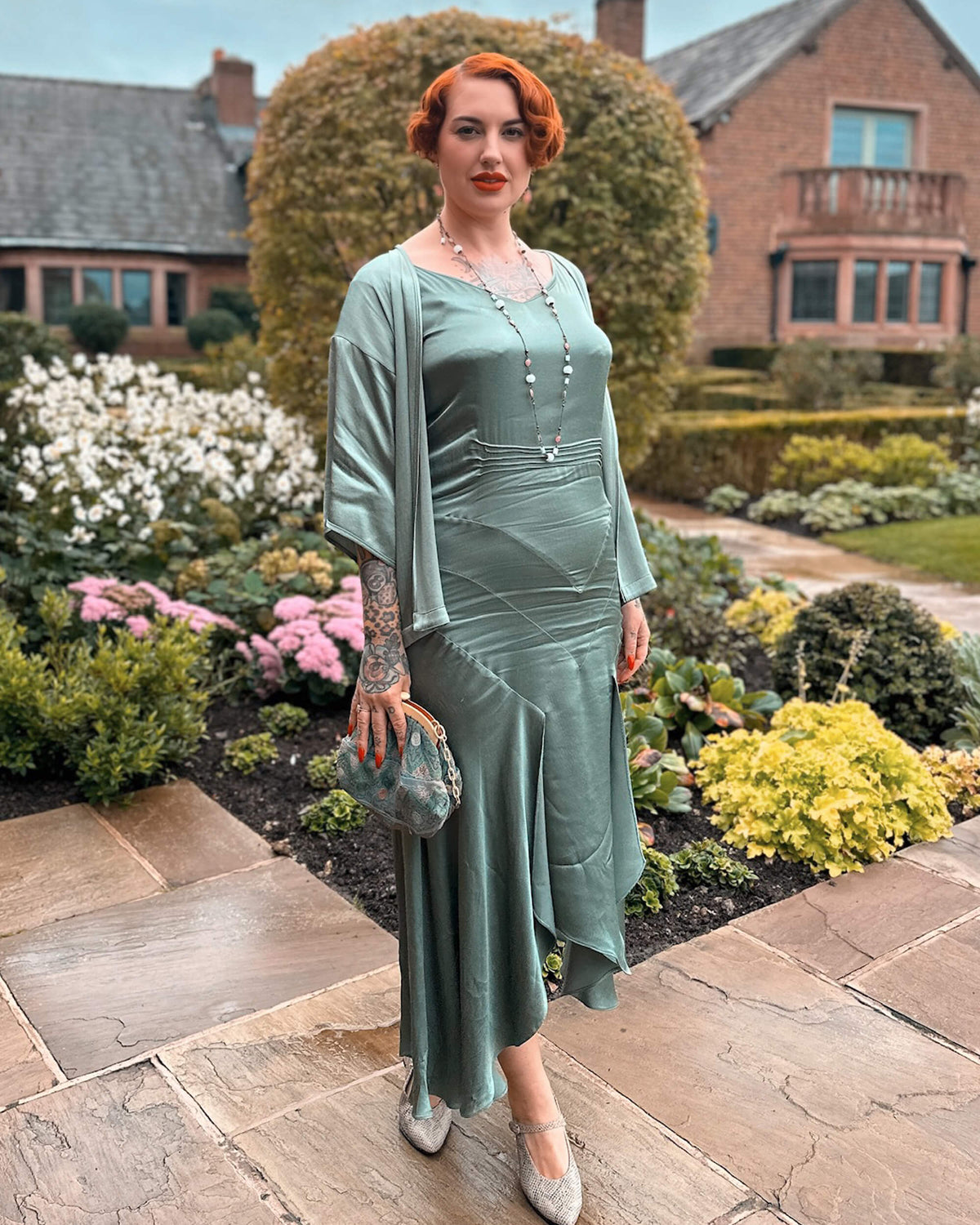 1920s Sheba Evening Gown Set - Sage Satin
