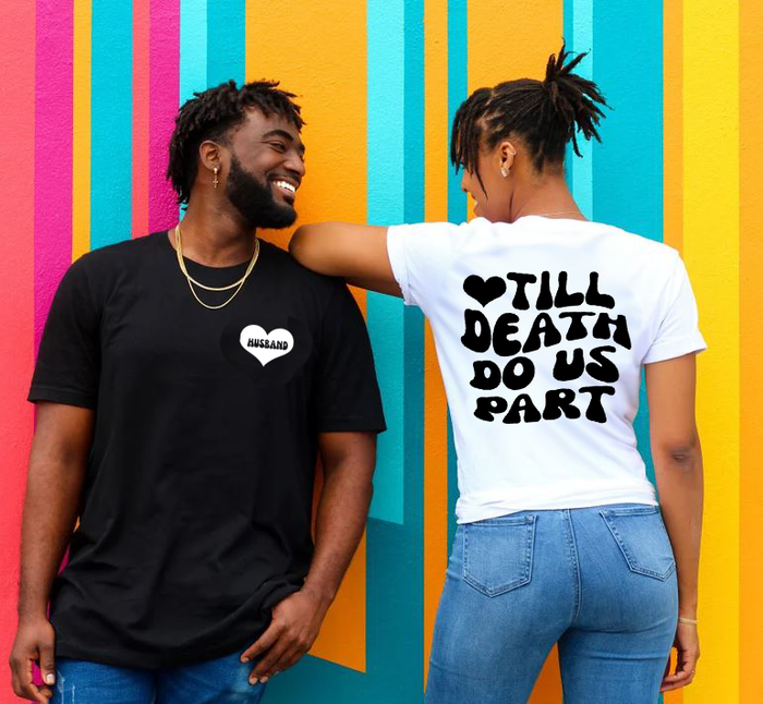 Retro wavy text couple shirt with Till Death Do Us Part design for wedding gift
