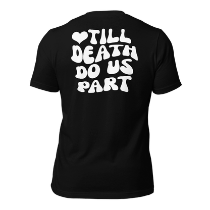 His and hers anniversary shirts featuring heart and wavy font