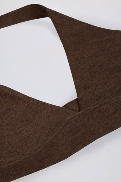 Brushed Jersey V-Neck Sports Bra in Pecan Marl