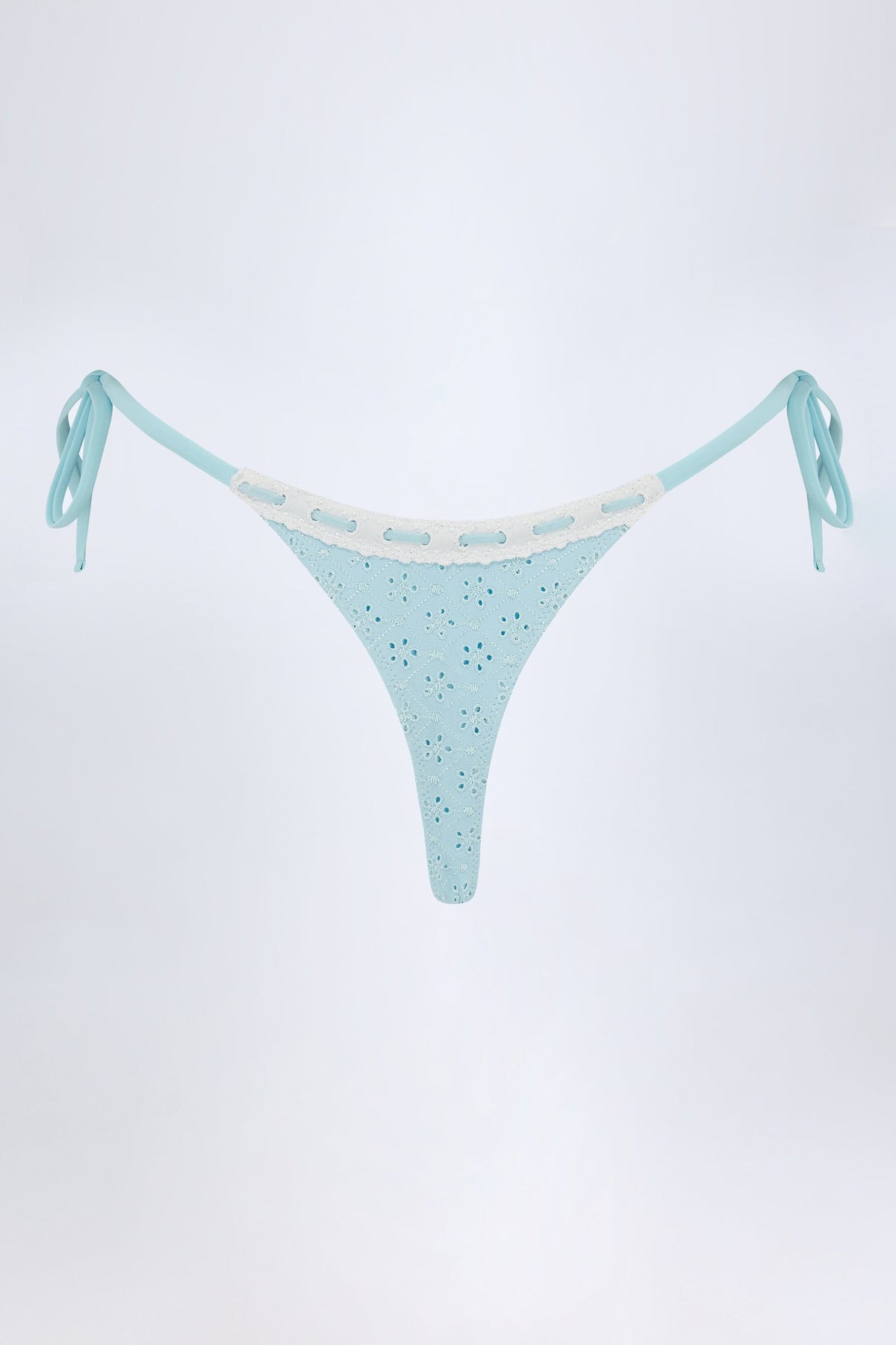 Broderie Anglaise Side-Tie Thong Bikini Bottoms in Powder Blue