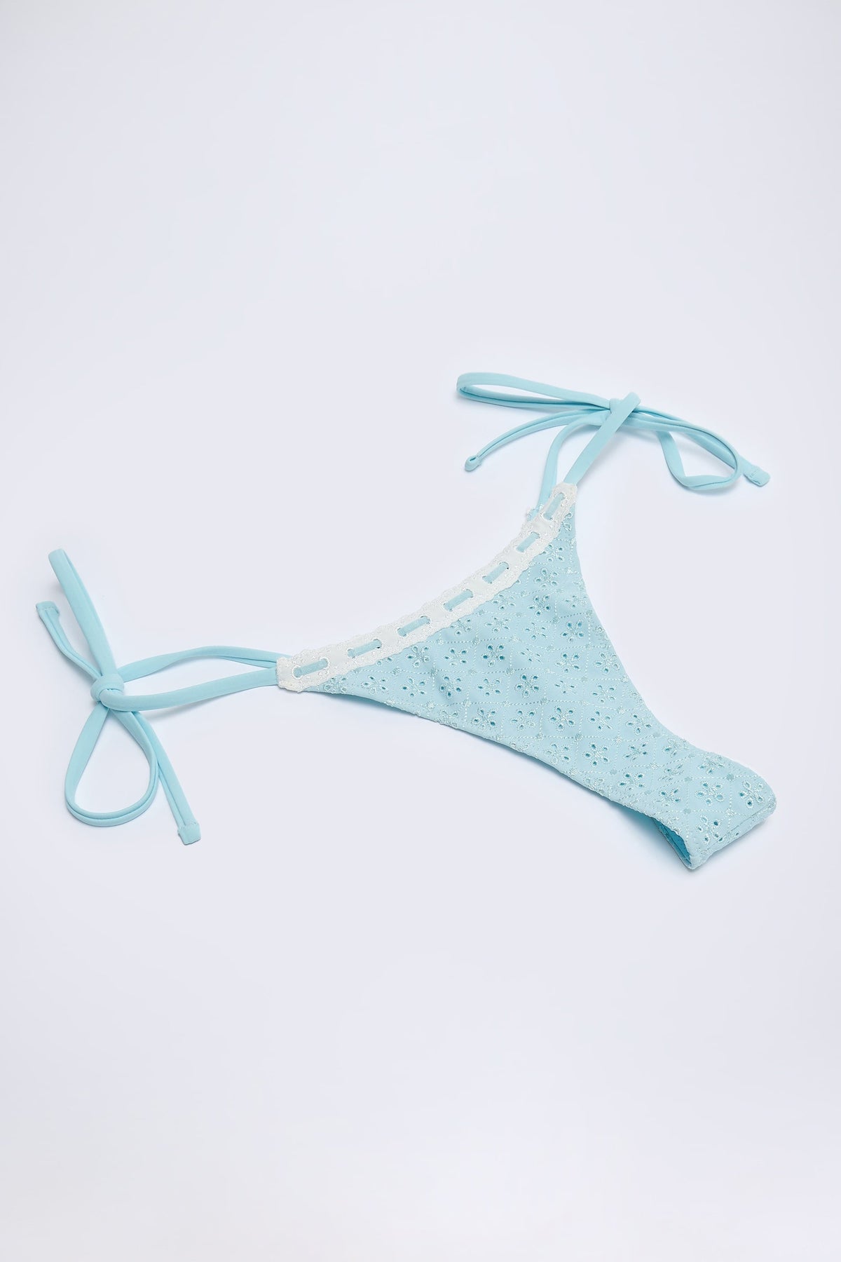 Broderie Anglaise Side-Tie Thong Bikini Bottoms in Powder Blue