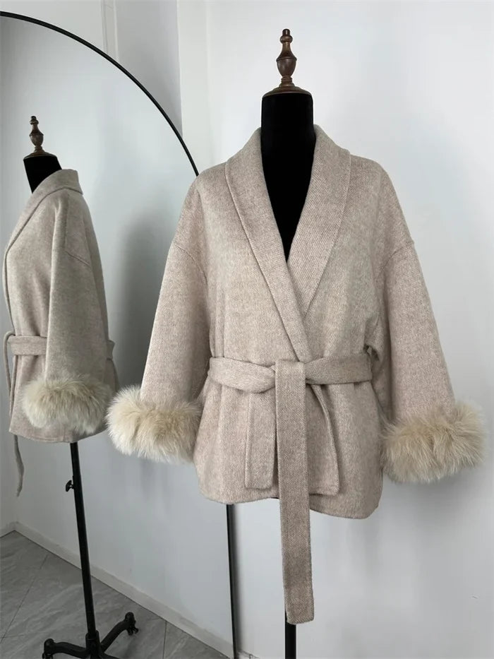 Women’s Fox Fur Wool Overcoat | Elegant Short Coat for Office & Winter